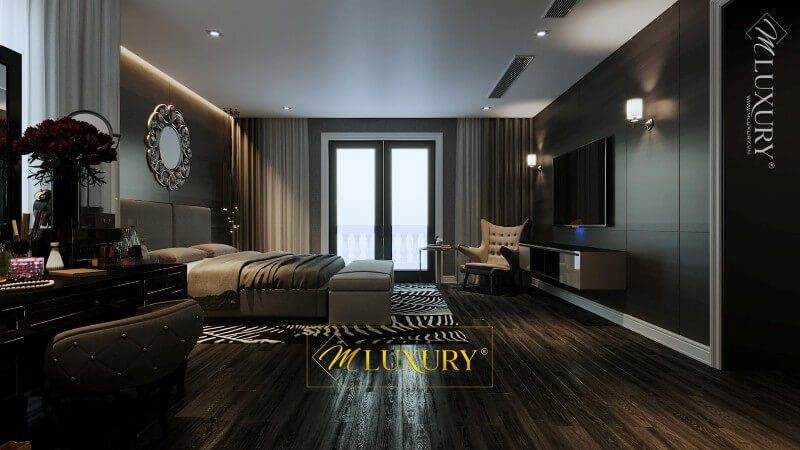 Nội thất phòng ngủ của vợ chồng được thiết kế theo phong cách hiện đại, sang trọng và cao cấp.